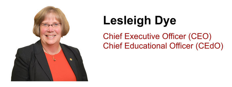 Image of Lesleigh Dye, with the text: Lesleigh Dye Chief Executive Officer (CEO) Chief Educational Officer (CEdO)